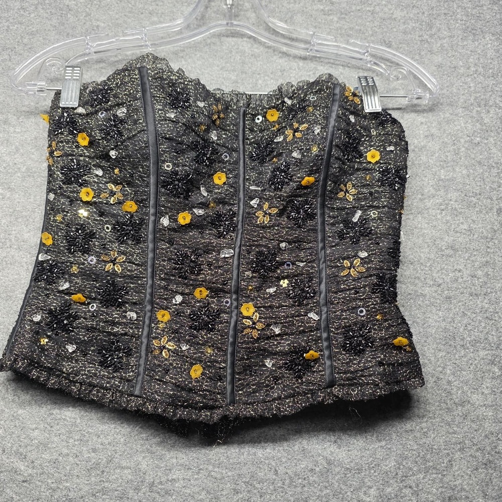 Gilar New York Women's Black Gold Metallic Floral Embellished Corset Top Sz 6